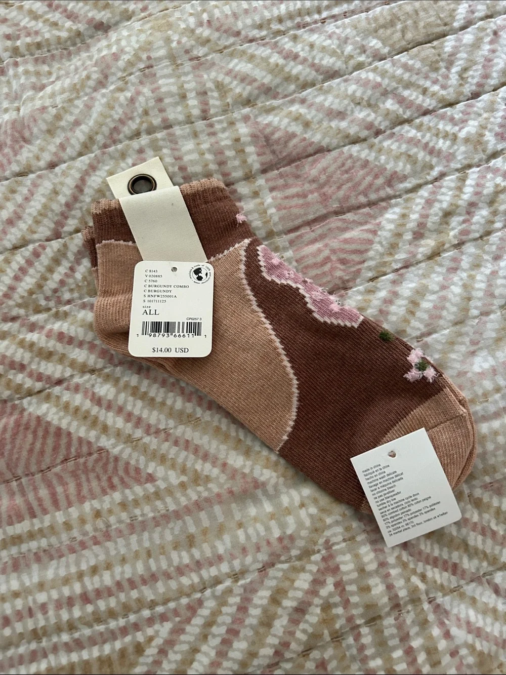 Free People Brown and Pink Floral Ankle Socks